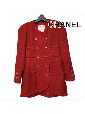 Chanel CC Logo Tweed Vintage Jacket Red 38